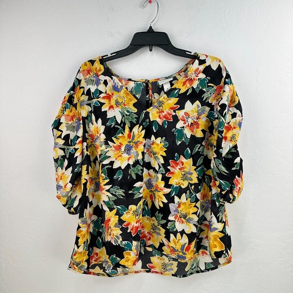 Ava‎ & Viv Top Womens Blouse 1X Black Yellow Floral Balloon Sleeve Vneck Flowy - Picture 1 of 8